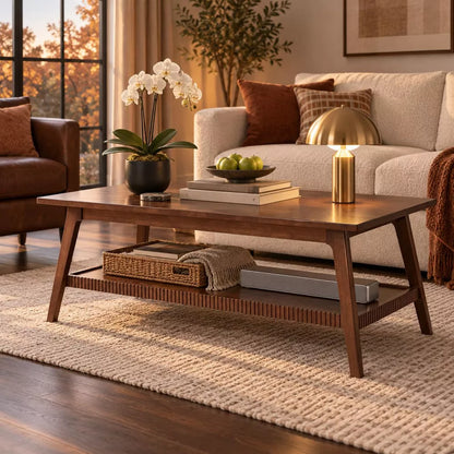 LauKingdom Walnut 47.24" Solid Wood Coffee Table Rectangular with Lower Storage Shelf Mid-Century Modern for Living Room Apartment