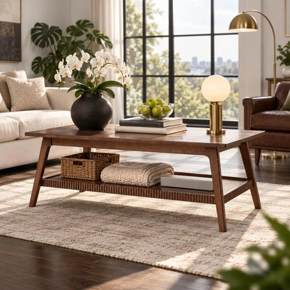 LauKingdom Walnut 47.24" Solid Wood Coffee Table Rectangular with Lower Storage Shelf Mid-Century Modern for Living Room Apartment