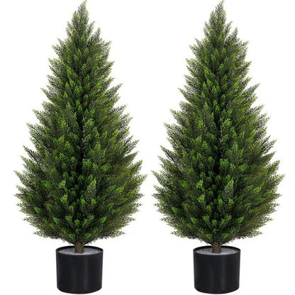 ROMSWI 2 Pack 3ft Artificial Cedar Topiary Trees UV Resistant Evergreen Fake Cypress Pine for Indoor Outdoor Porch Entryway Decor Black Pot