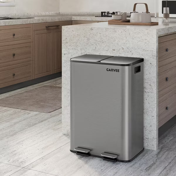 Garvee 2 x 8 gal Dual Compartment Step Trash Can, Fingerprint-Resistant Soft-Close Stainless Steel Recycling Bin, Gray, 2 x 30L