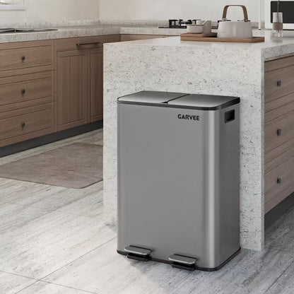 Garvee 2 x 8 gal Dual Compartment Step Trash Can, Fingerprint-Resistant Soft-Close Stainless Steel Recycling Bin, Gray, 2 x 30L