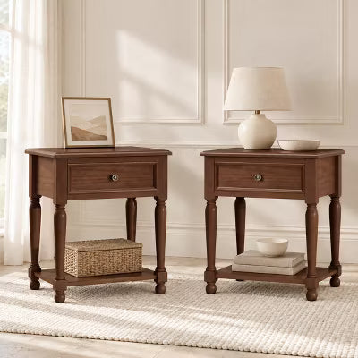 AMERLIFE Wood Nightstand Set of 2 with Drawer, Open Shelf, Turned Legs, Walnut