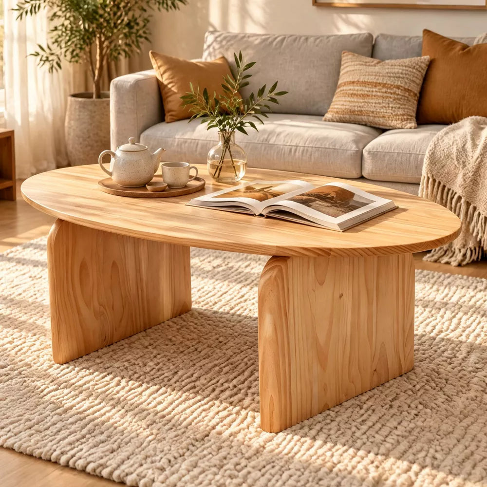 Modern Oval Coffee Table Solid Pine Wood Natural Finish Curved Legs Center Table for Living Room Apartment Small Spaces Home Office