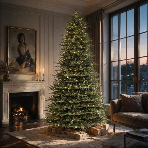 VIVATREES 9ft Prelit Artificial Christmas Tree With Dual Color 10 LED Lights Modes Metal Stand Hinged Branches Realistic Pine for Holiday