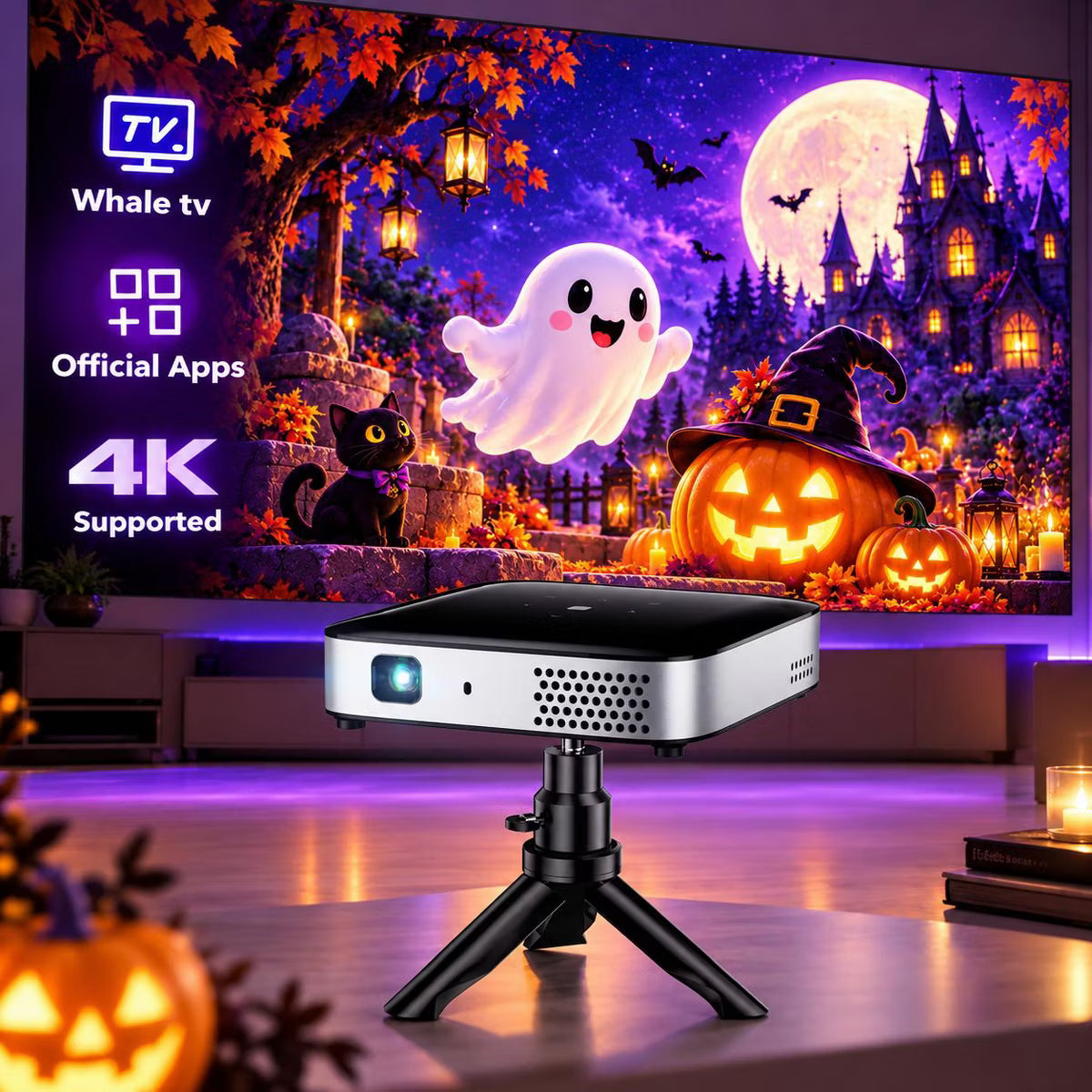 4K Mini Projector, 2026 Upgraded Portable Projector, Full HD 1080P Movie Projector for Home Theater, WiFi Bluetooth Mini Projector with Tripod
