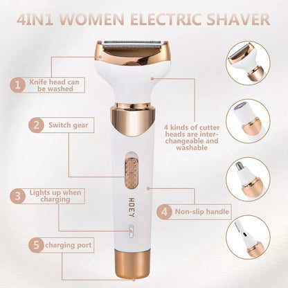 Hoey 4 in 1 Electric Razor for Women – Rechargeable Shaver and Trimmer for Face, Bikini, Underarms and Legs