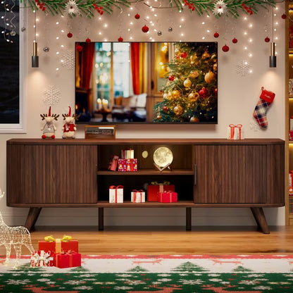 Qwatto 63" Curved Edge TV Stand Walnut Finish Media Console for 70 Inch TV Modern Fluted Door Credenza with Storage Mid Century Living Room Furniture