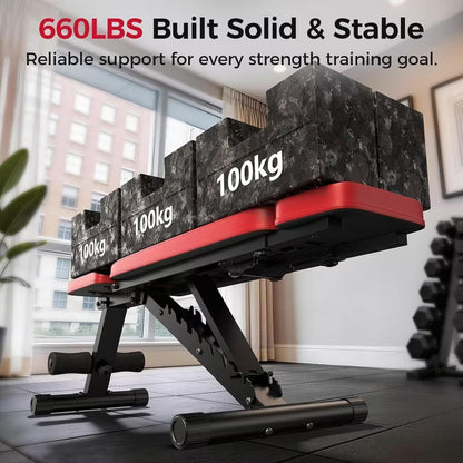 FED FITNESS Weight Bench with Headrest,Dual-Support Workout Bench with 10 Backrests and 660LBS Weight Capacity,Dumbbell & Strength Training