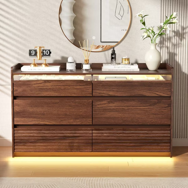 Qwatto 47" Walnut 6 Drawer Dresser Wide Wood Chest of Drawers Storage Cabinet with Charging Station and RGB LED Lights Bedroom Living Room Furniture