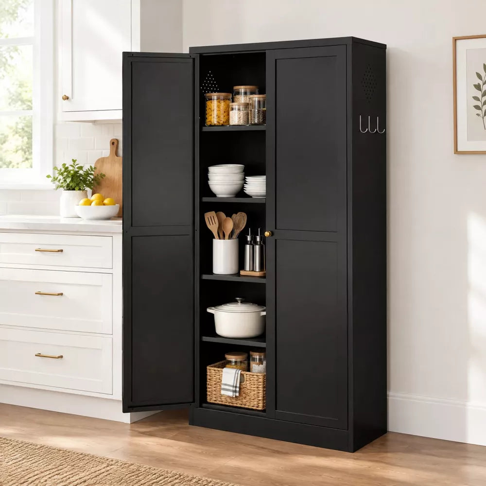 VIYET 61" Black Metal Pantry Cabinet, 4 Adjustable Shelves, Freestanding Kitchen Storage Cabinet, Slim Food Organizer for Kitchen, Dining Room