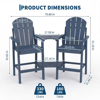 Tall Adirondack Chairs with Double Connecting Trays, HDPE Outdoor High Top Table and Chairs, All-weather waterproof chair, Blue