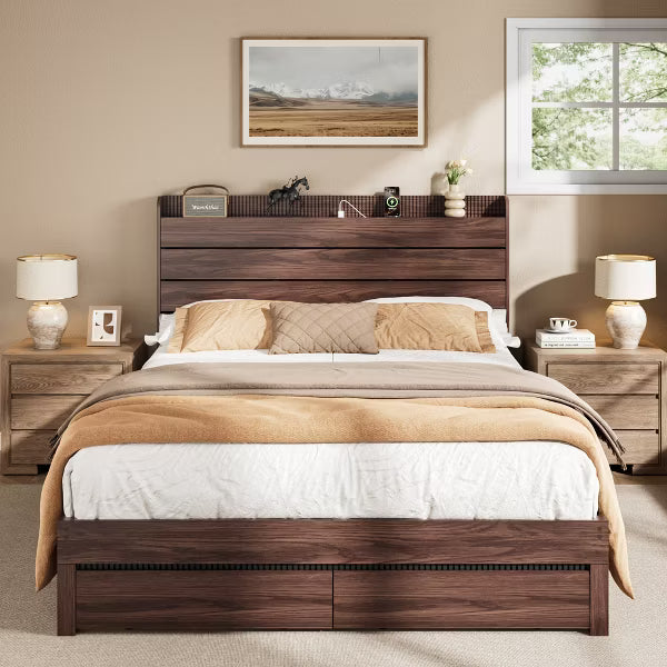 Qwatto Mid Century Modern Walnut Queen Platform Bed Frame with Storage Wood Headboard 2 Drawers Charging Station USB and Type-C No Box Spring Needed